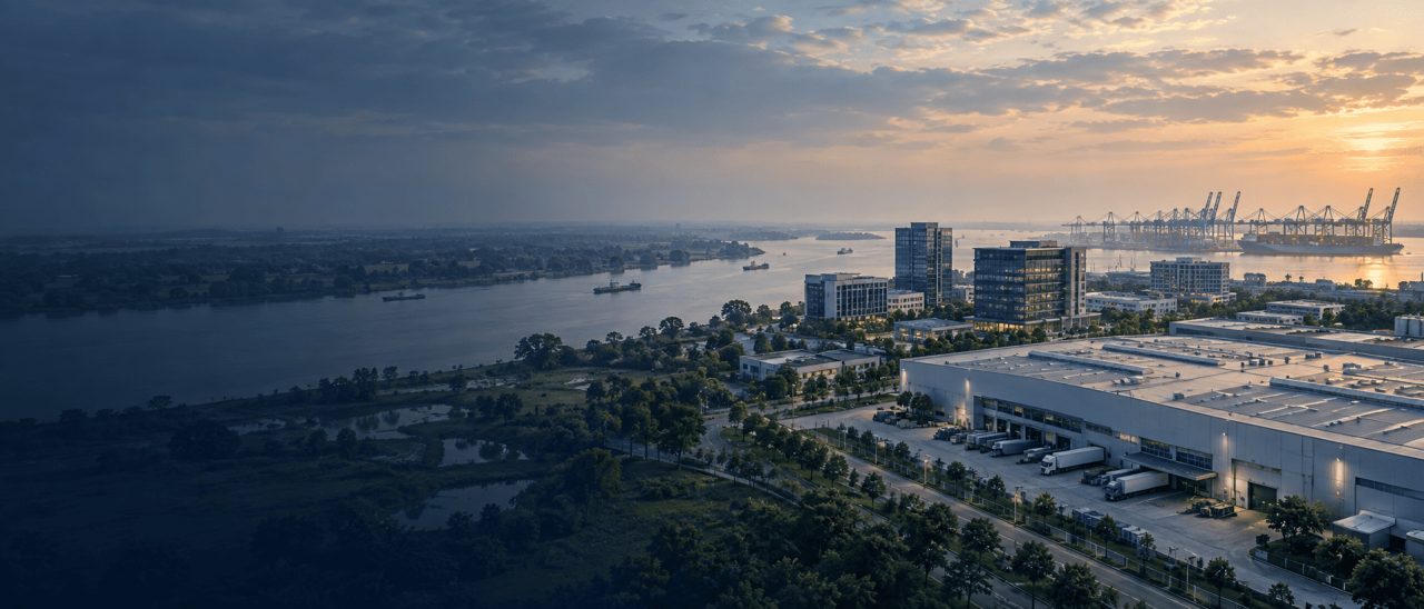 Modern industrial facility beside a river, with commercial buildings and port cranes in a Bangladesh-inspired landscape.